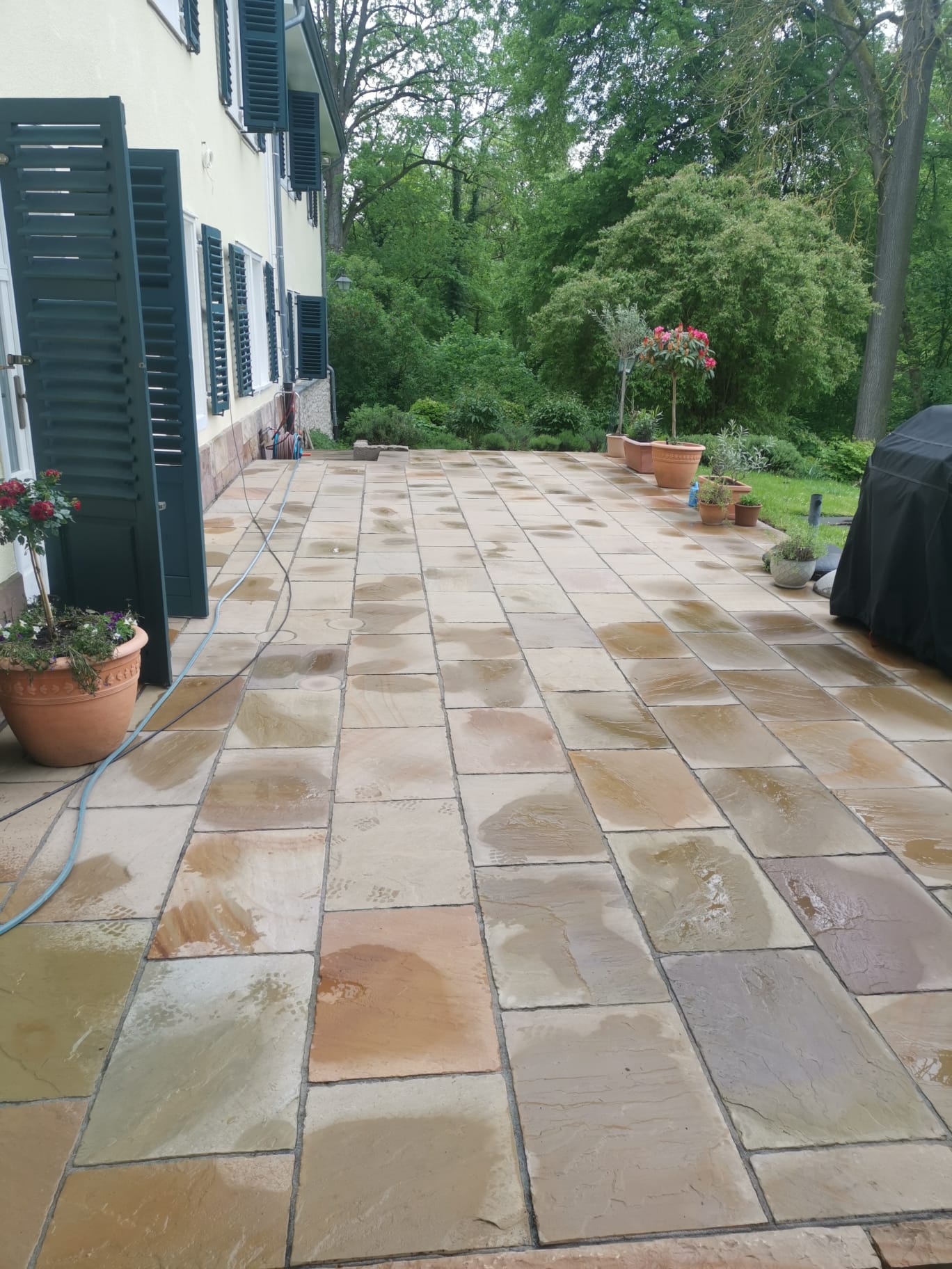 Gereinigte Natursteinterrasse mit Pflanzkübeln an einem Wohnhaus